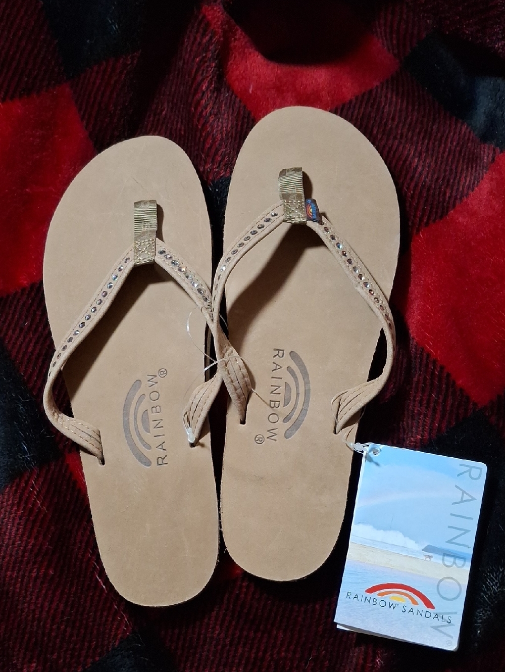 Rainbow Tan Rhinestone Strap Flip Flops
